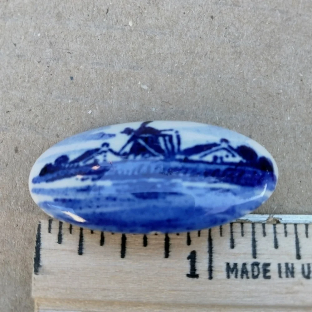 Vintage Blue & White Holland Delft Windmill Oval Brooch Pin